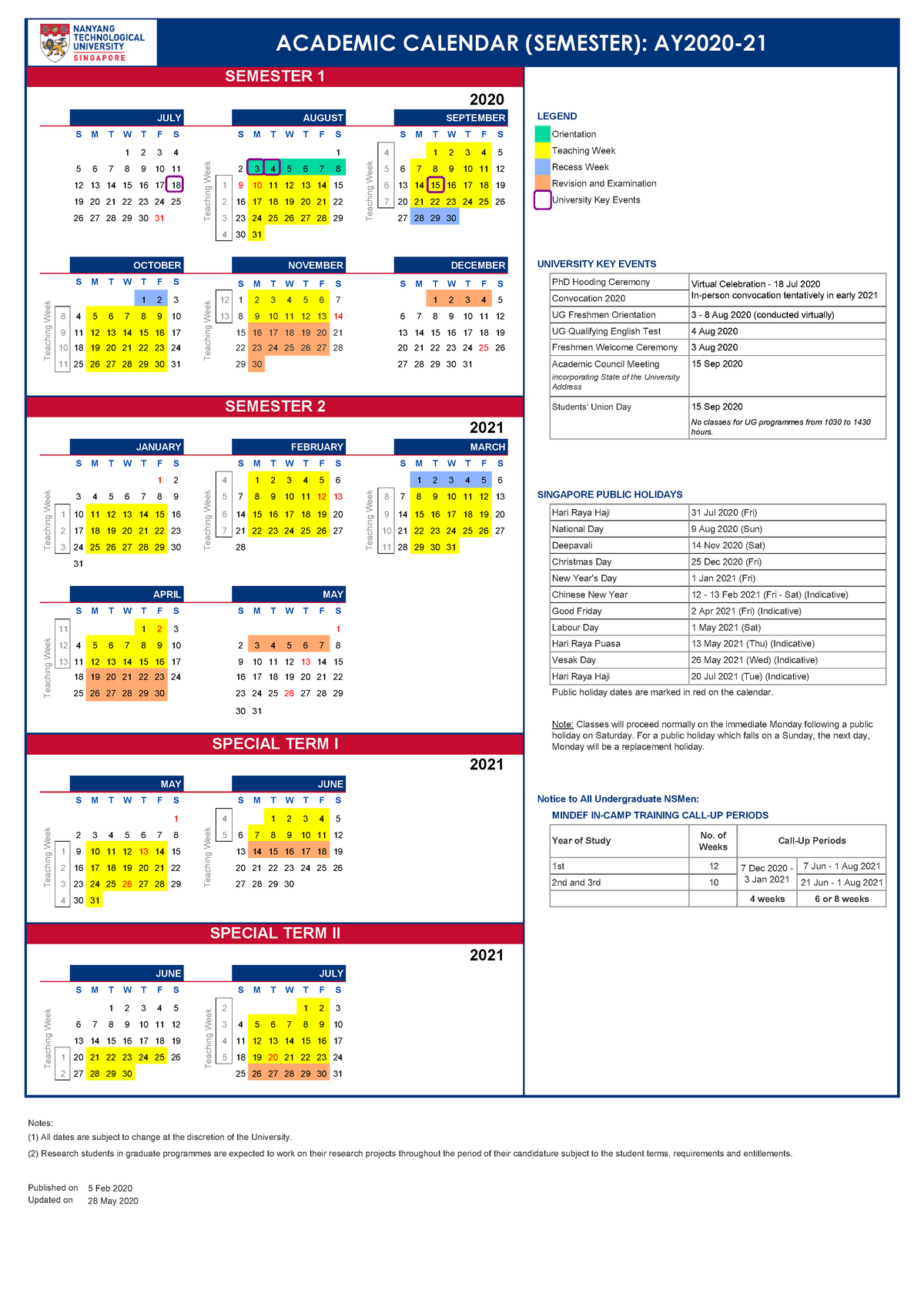 Ntu Academic Calendar Ay2020 21 Semester Semester Table 1000 Studocu