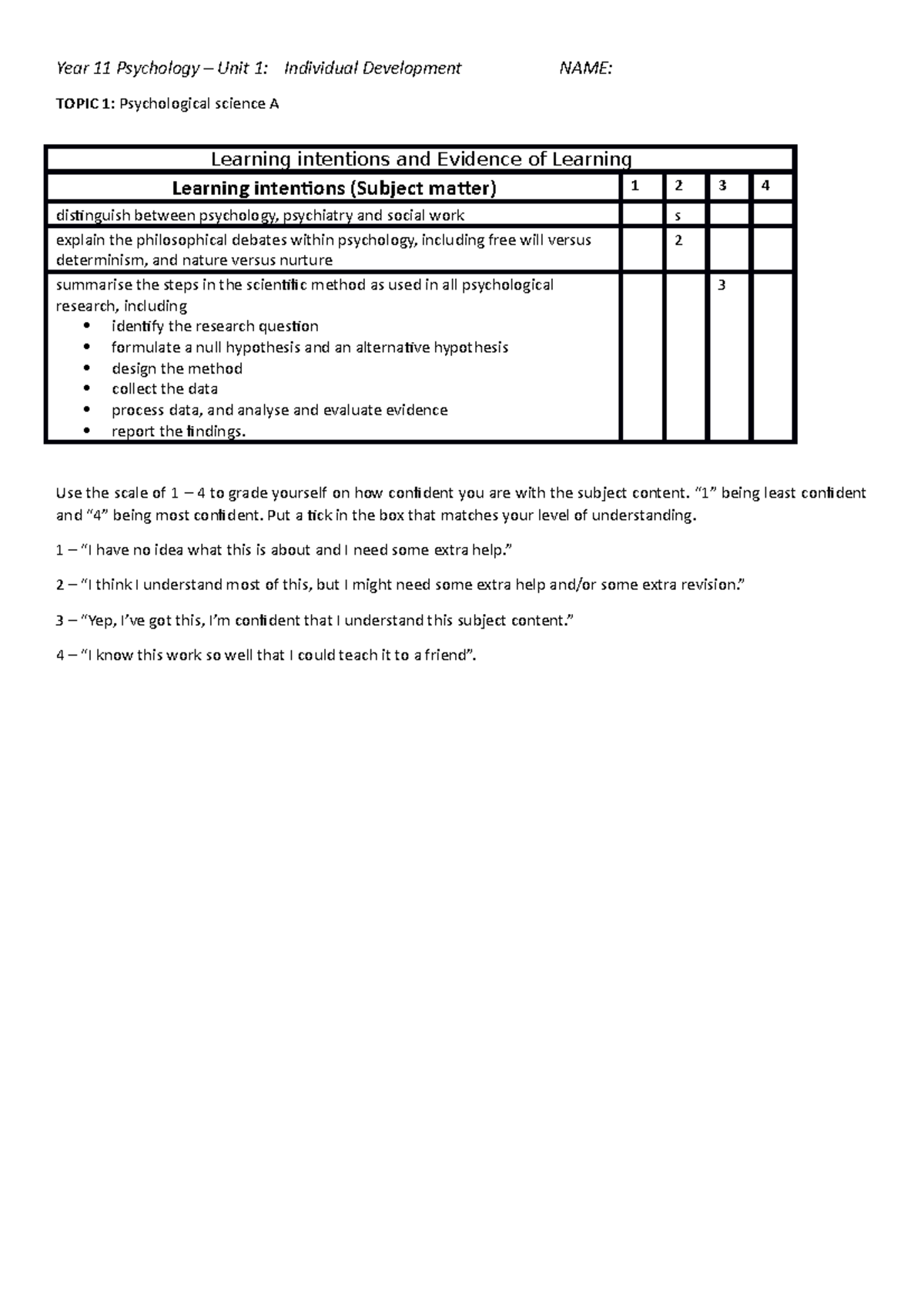 Unit 1 Proficiency Scale PSY TOPIC 1 Psychological science A