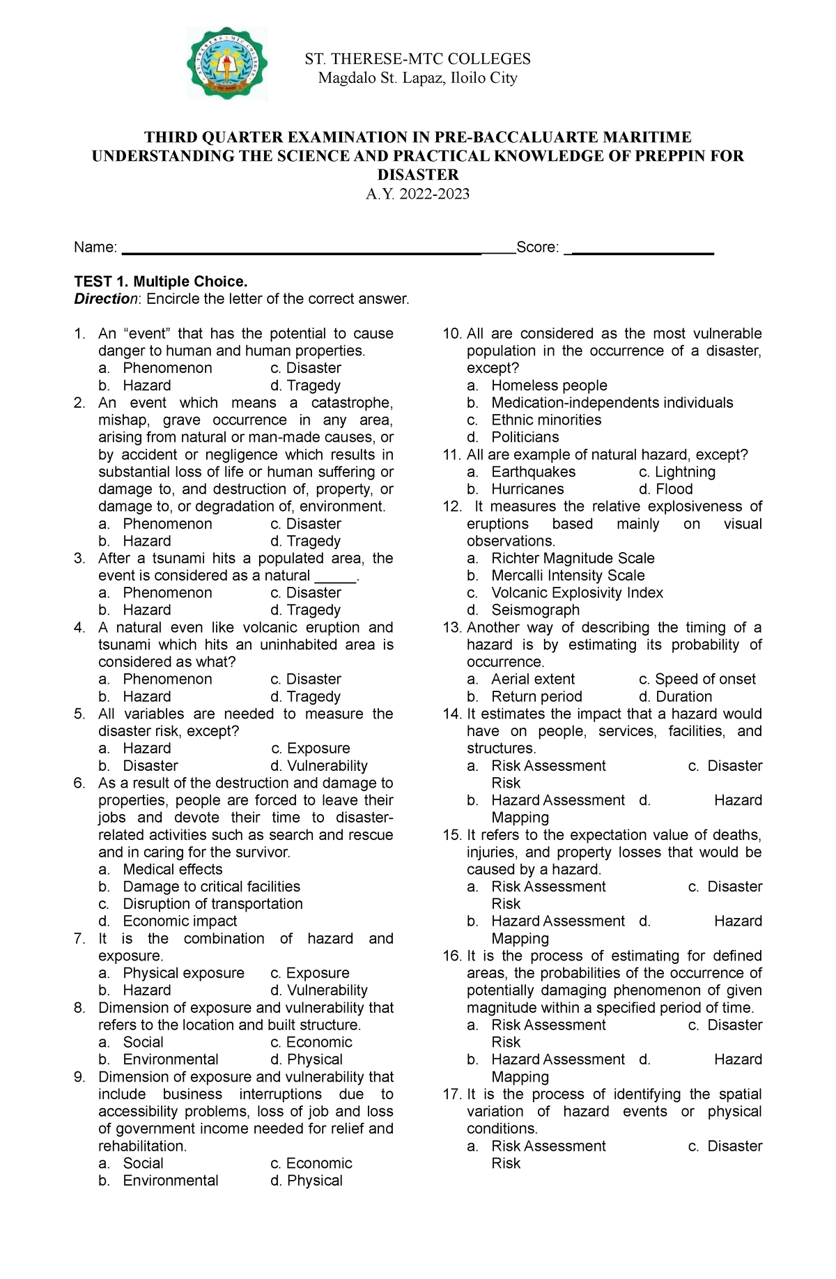 422780971 Disaster Readiness and Risk Reduction 1st quarter exam - ST ...