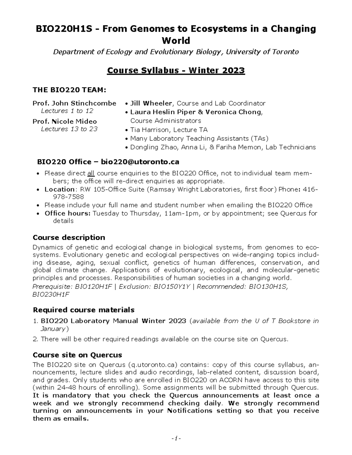 BIO220Winter 2023 Syllabus - i - BIO220H1S - From Genomes to Ecosystems ...