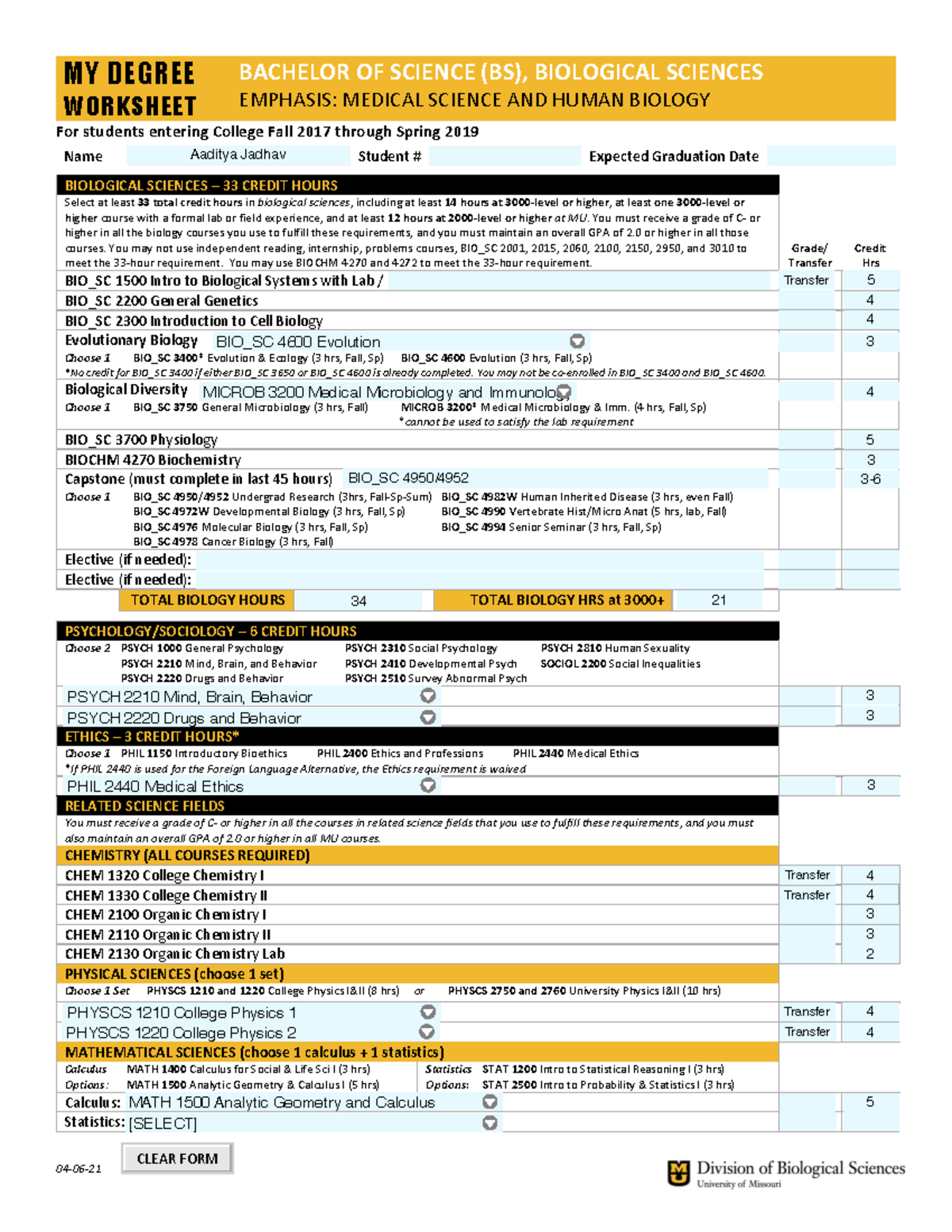 Bio bs emphasis fs2017 - hihihihi - MY DEGREE WORKSHEET BACHELOR OF ...