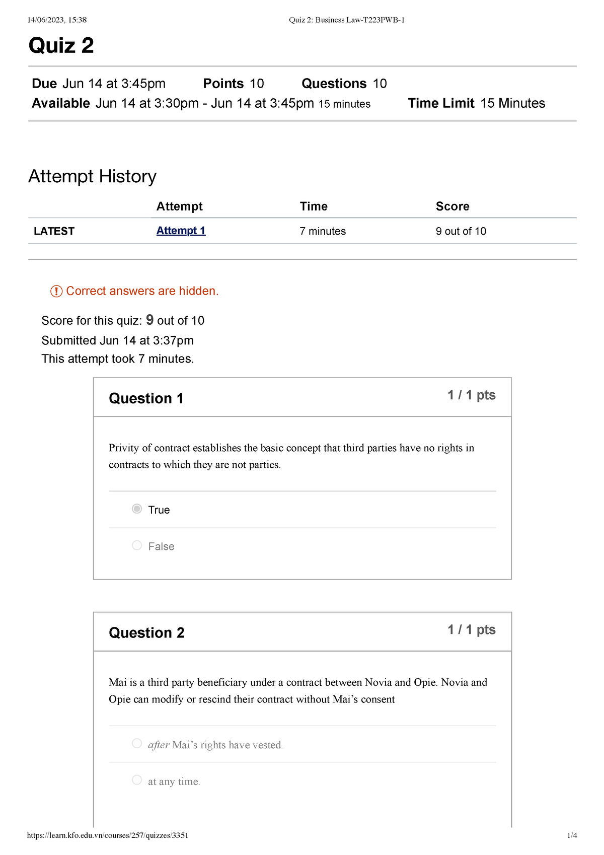 Quiz 2 Business Law-T223PWB-1 - Quiz 2 Due Jun 14 At 3:45pm Points 10 ...