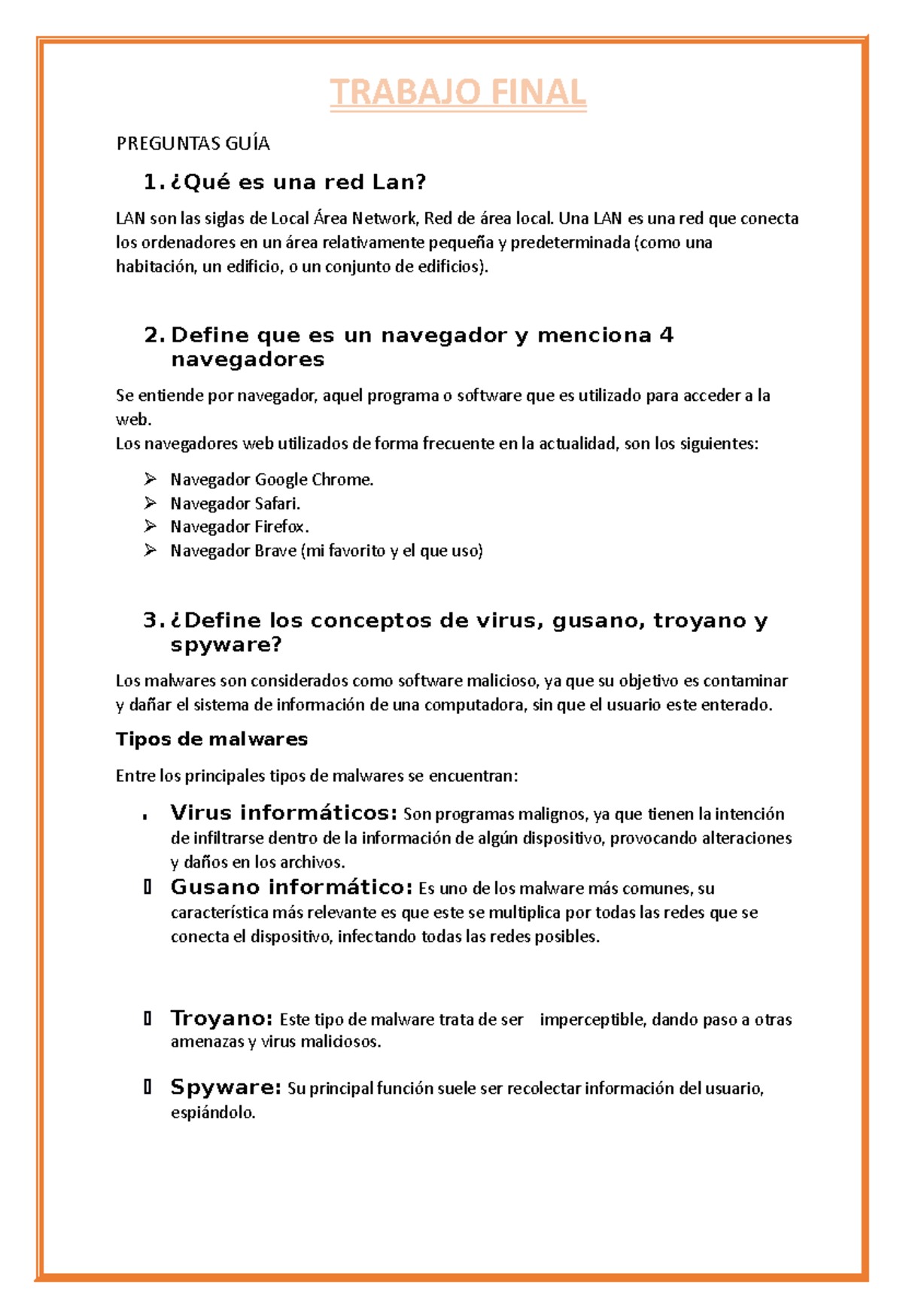 apuntes informativo TRABAJO FINAL PREGUNTAS GUÍA 1. ¿Qué es una red