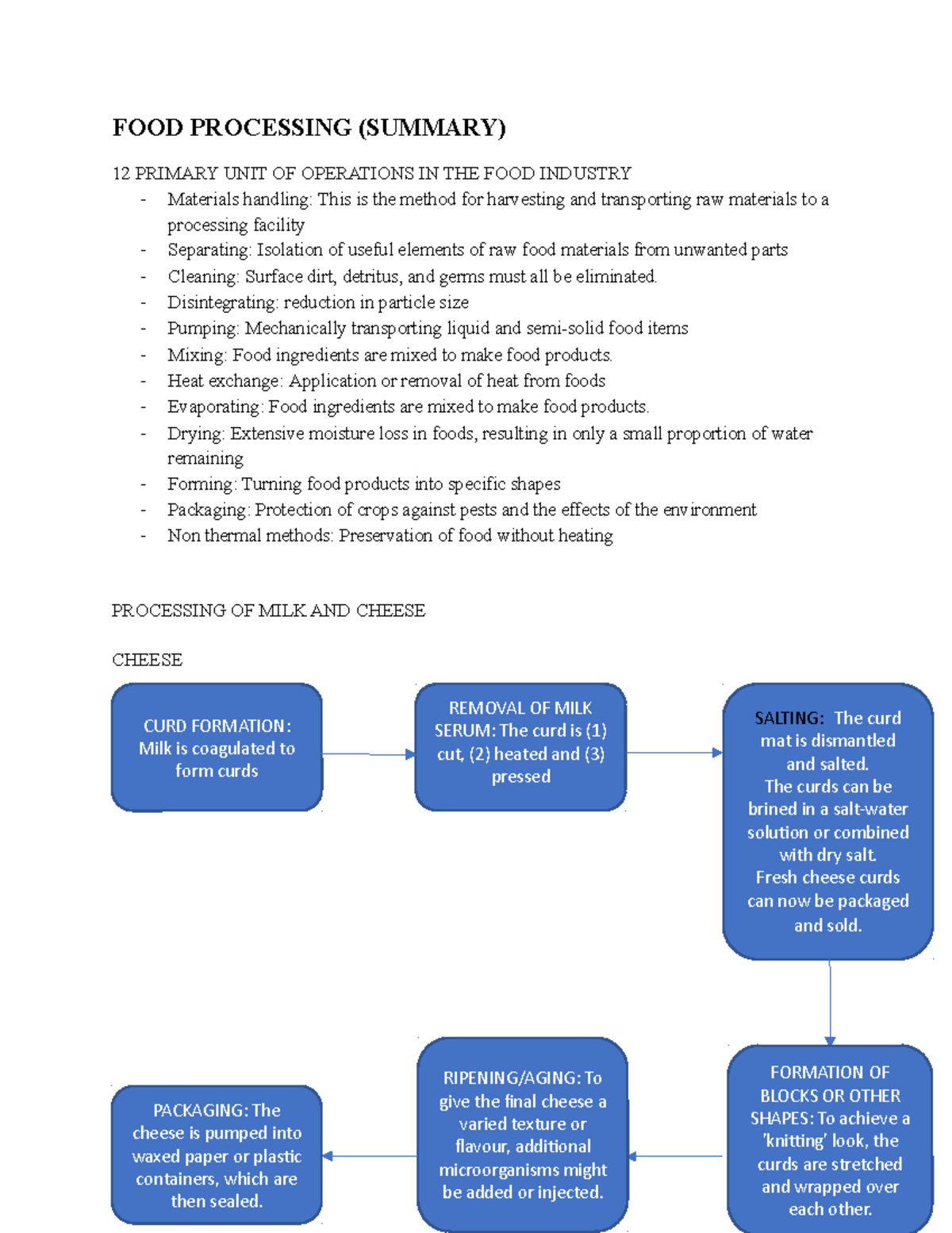 Lecture summary four FOOD PROCESSING (SUMMARY) 12 PRIMARY UNIT OF