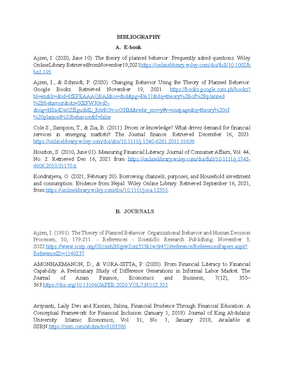 Bibliography thesis - bbliography - BIBLIOGRAPHY A. E-book Ajzen, I ...