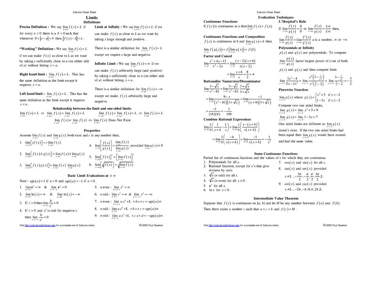 2003 06 Calculus Cheat Sheet - Limits Definitions Precise Definition ...