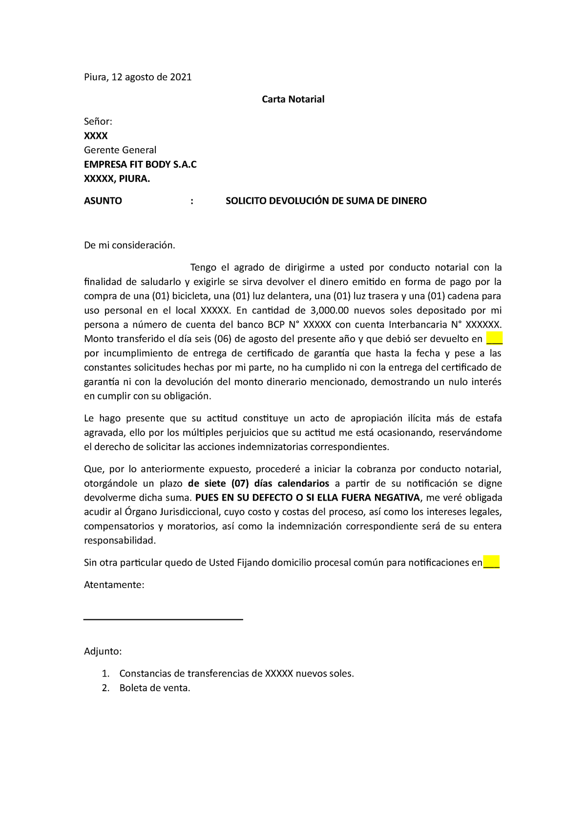 Carta notarial ejemplo - Piura, 12 agosto de 2021 Carta Notarial Señor:  XXXX Gerente General EMPRESA - Studocu