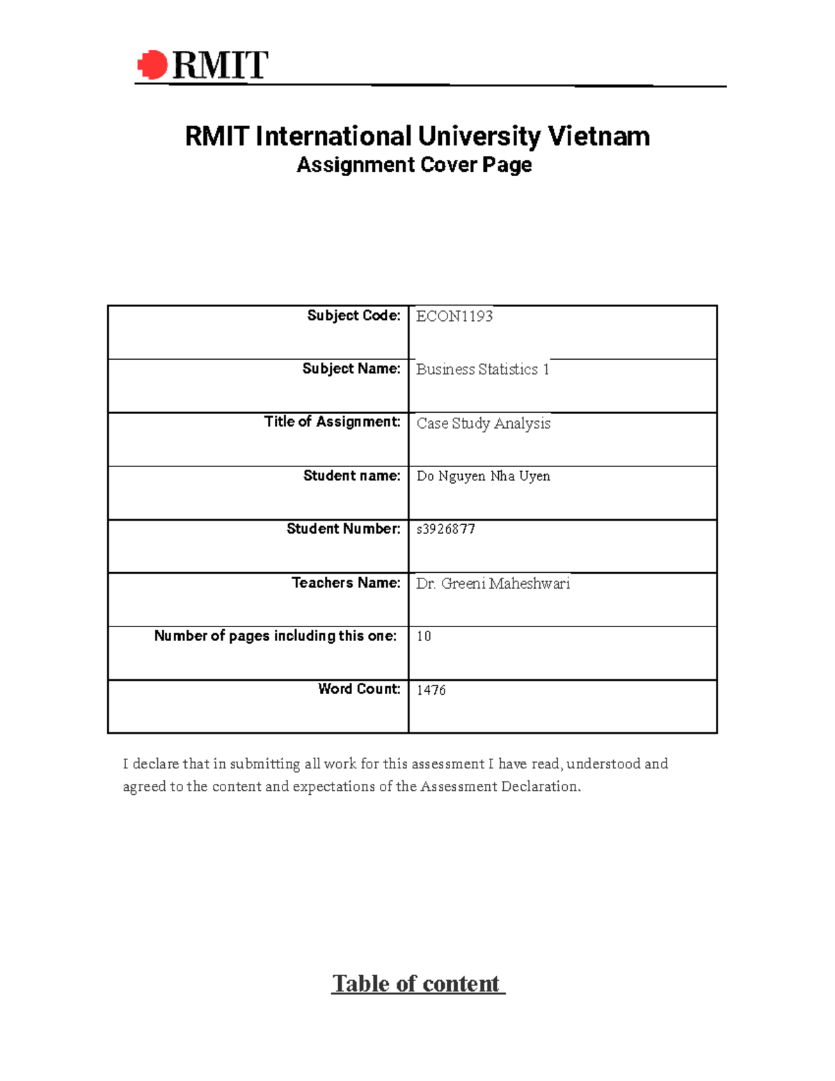 Bussiness Statictis 1 - Assignment 1 -CR - RMIT International ...
