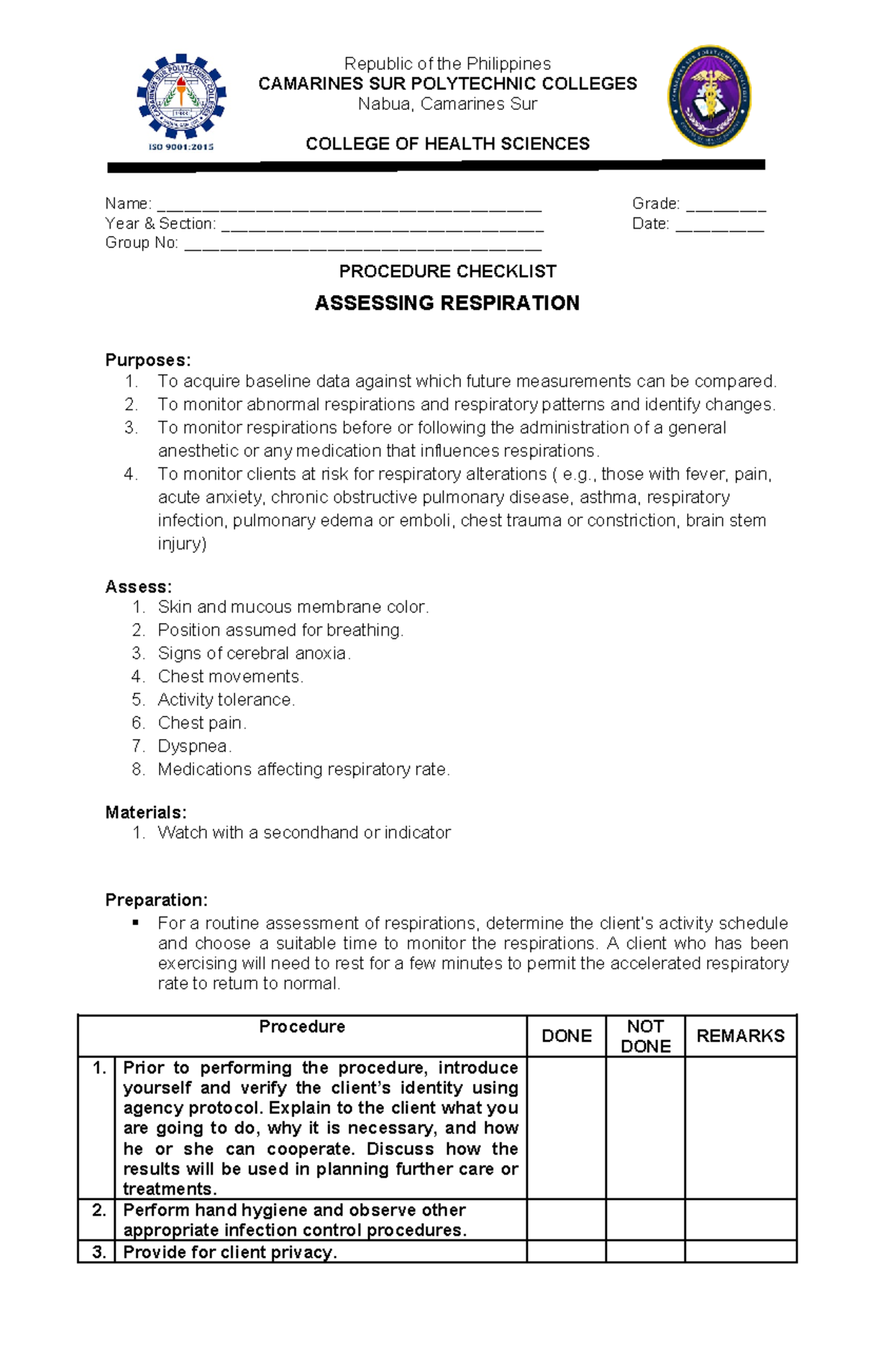 Assessment of Respirations Checklist - Republic of the Philippines ...