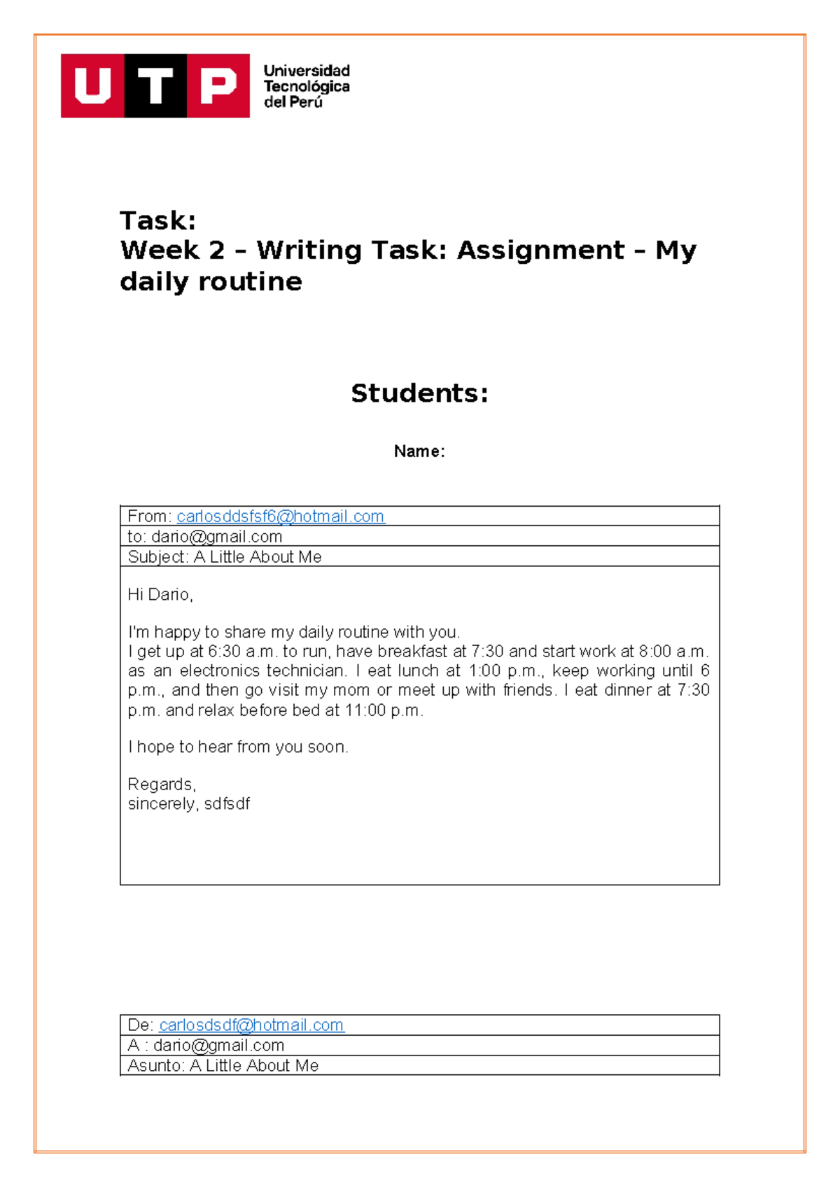 Week 2 - ninguna - Task: Week 2 – Writing Task: Assignment – My daily ...