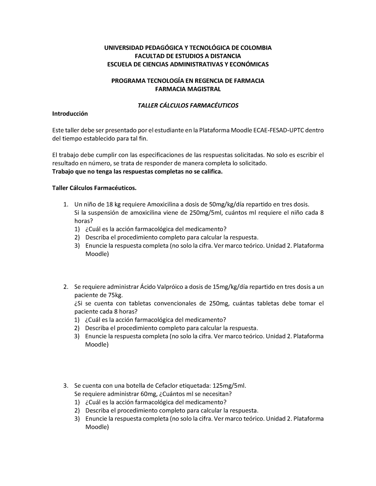 Actividad No. 3 Taller Cálculos Farmacéuticos - UNIVERSIDAD PEDAG”GICA ...