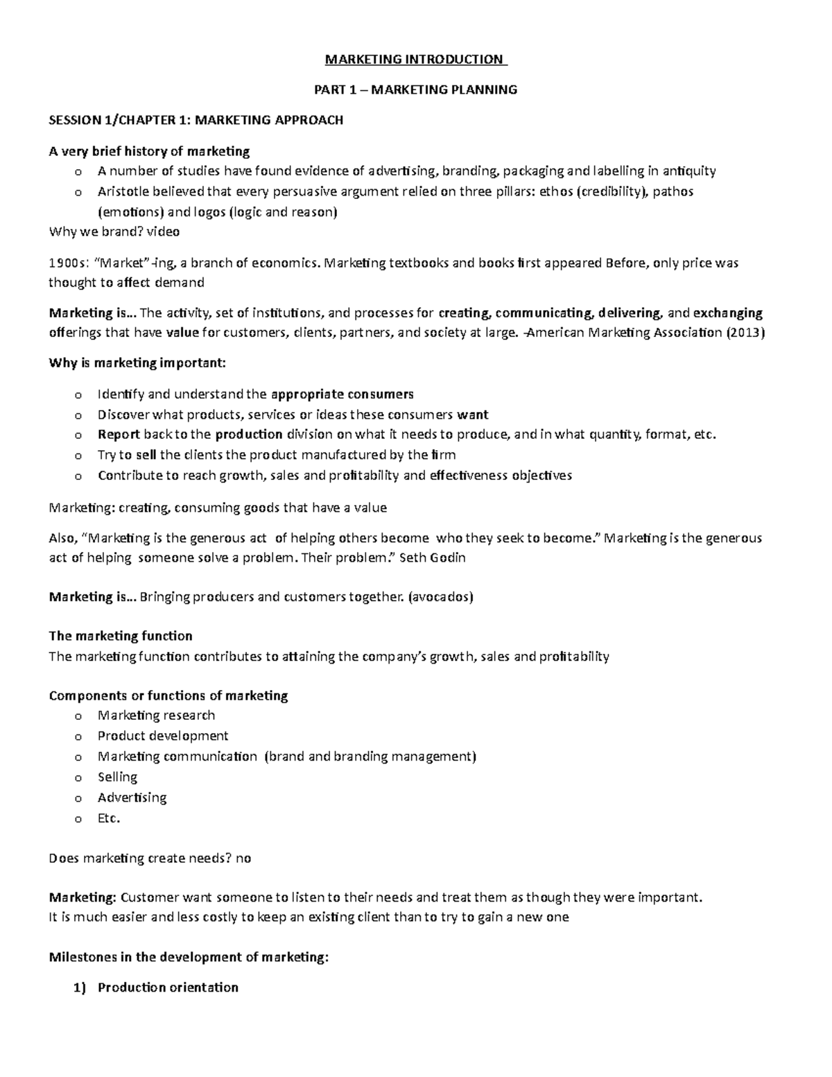 Marketing intro notes - MARKETING INTRODUCTION PART 1 – MARKETING ...