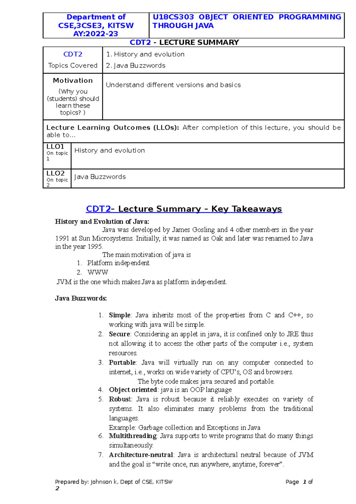 OOPJ 2 - Notes for java - Department of CSE,3CSE3, KITSW AY:2022 ...