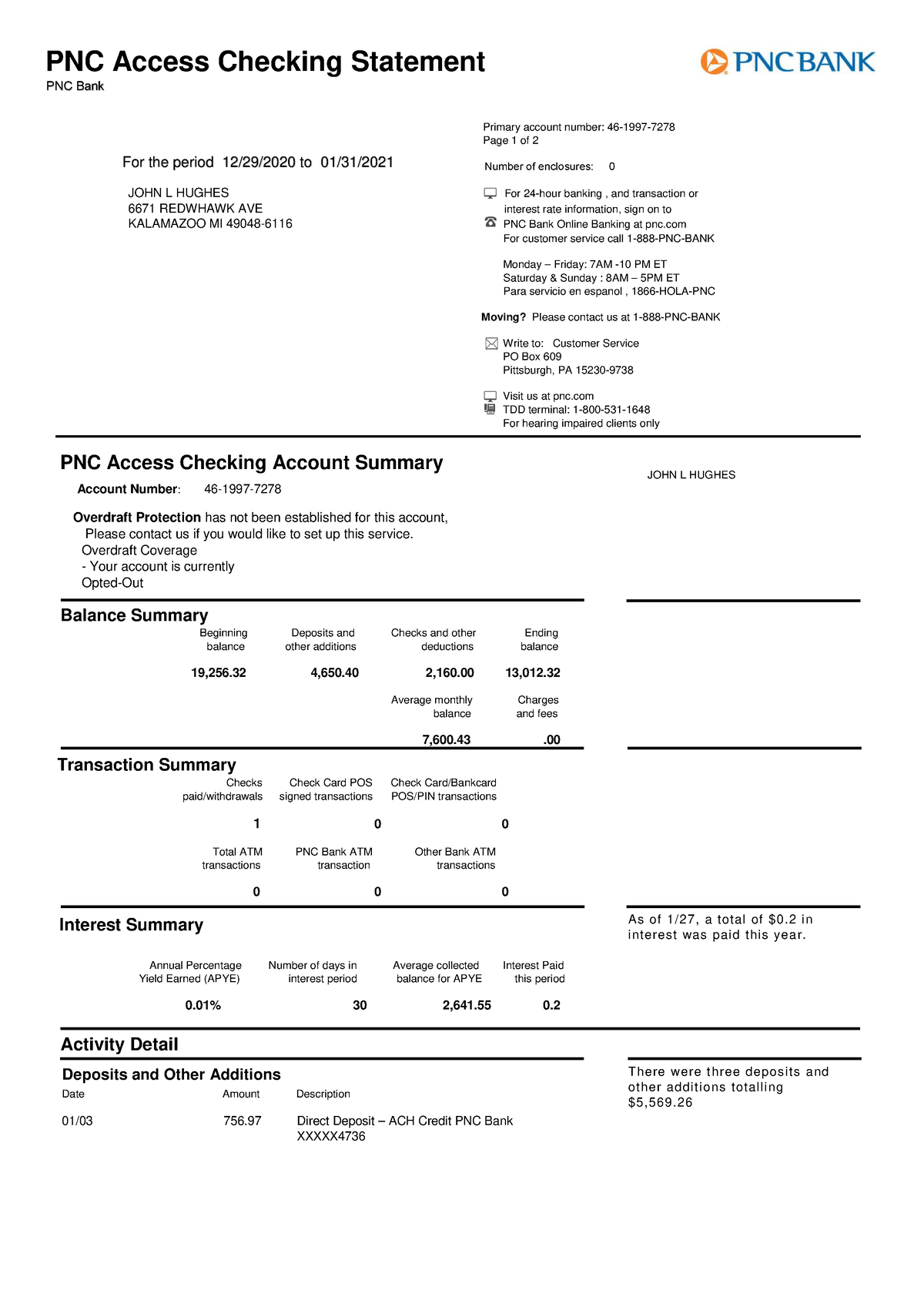 PNC Bank Statement Primary account number 461997 Page 1 of 2