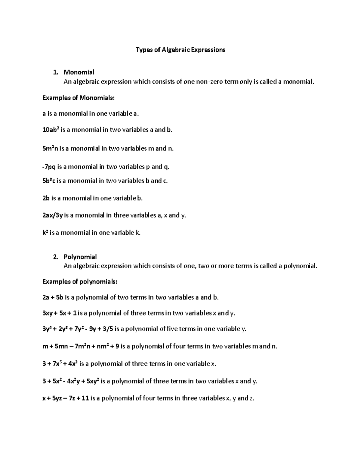 Algebraic Expressions - Types of Algebraic Expressions Monomial An ...
