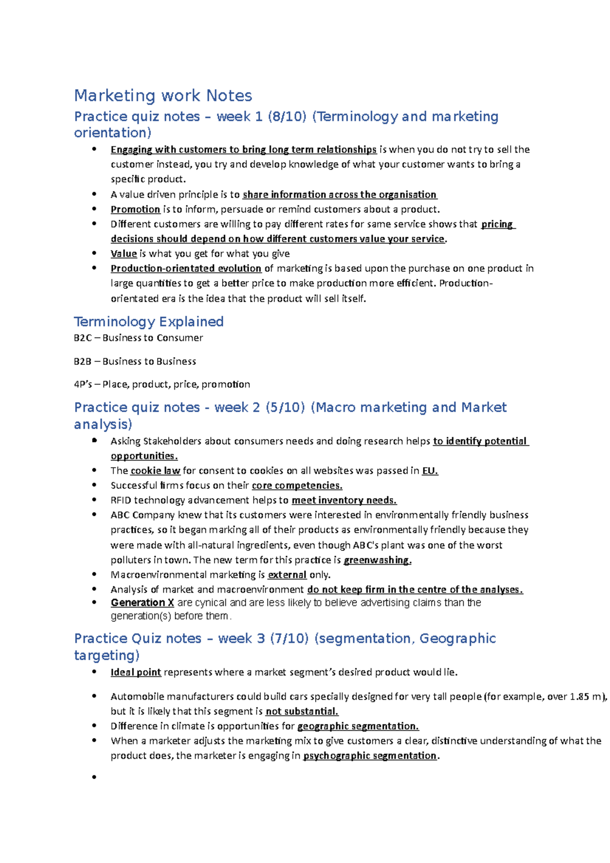 Marketing work Notes-Bryce - Marketing work Notes Practice quiz notes ...