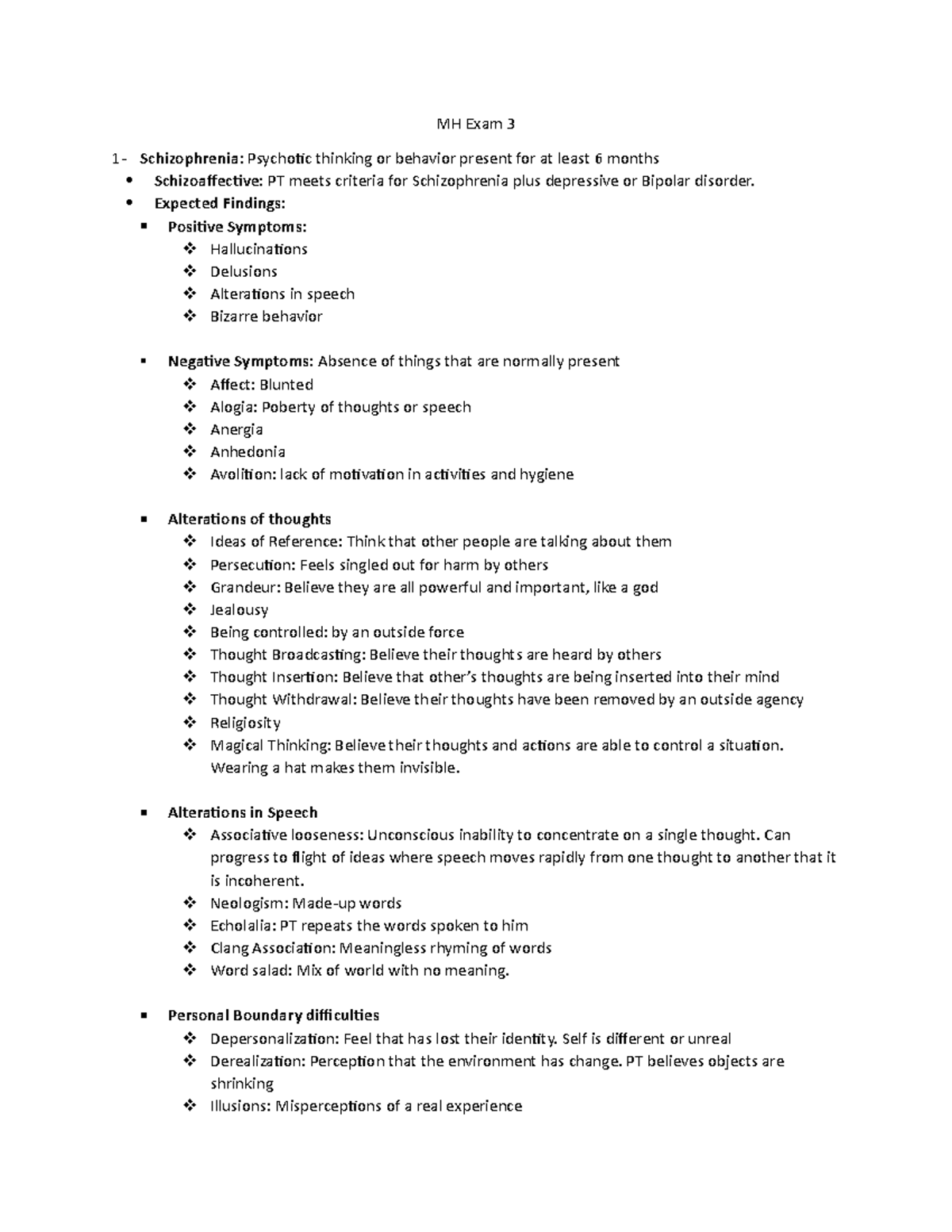 MH Exam 3 - Study Material for MH exam 3 - MH Exam 3 1- Schizophrenia ...