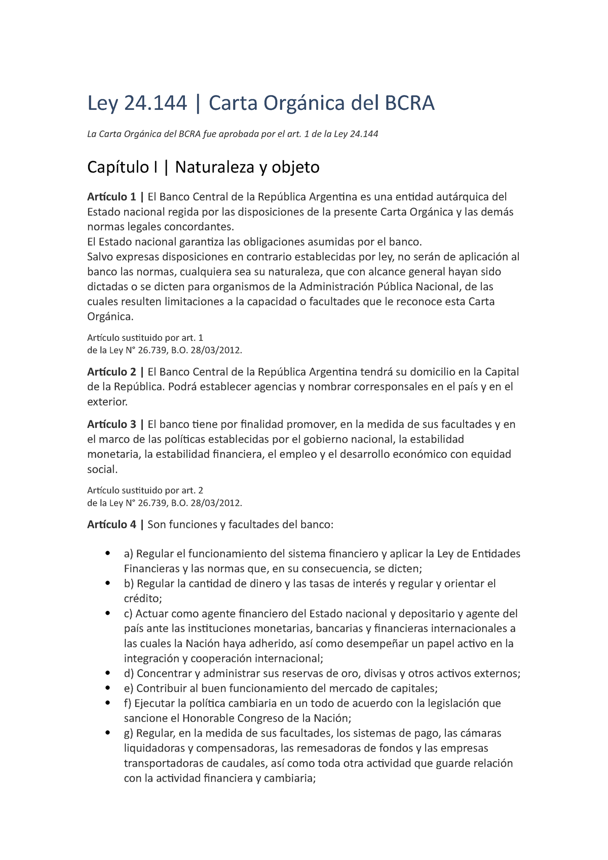 Ley 24144 Carta Orgánica Del BCRA - Ley 24 | Carta Orgánica Del BCRA La ...