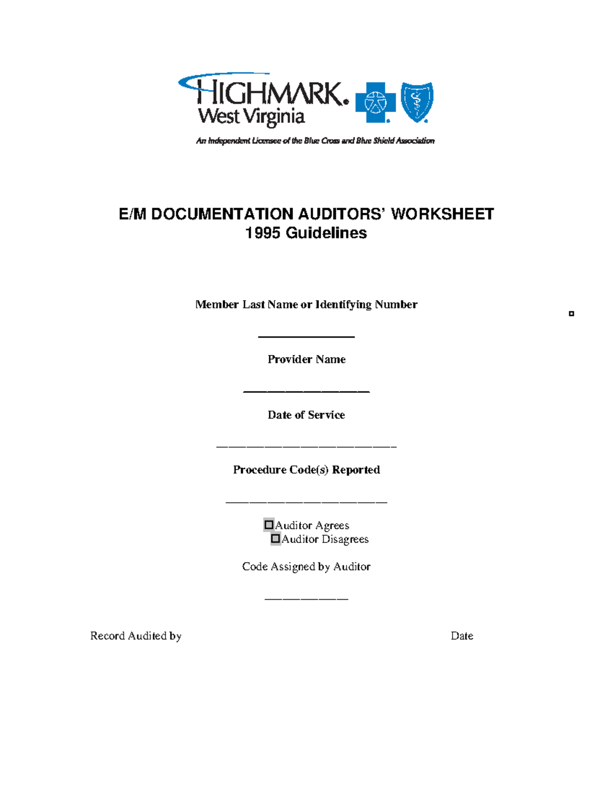 EM Audit Worksheet 1995 Guidelines - E/M DOCUMENTATION AUDITORS ...