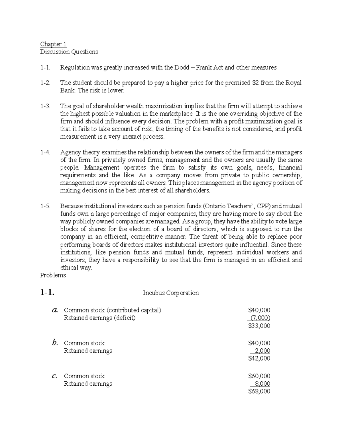 Fin 25000 Sample Chapter Solutions - Chapter 1 Discussion Questions 1-1 ...