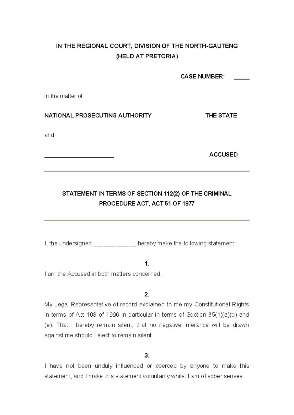 Plea example 2 - IN THE REGIONAL COURT, DIVISION OF THE NORTH-GAUTENG ...