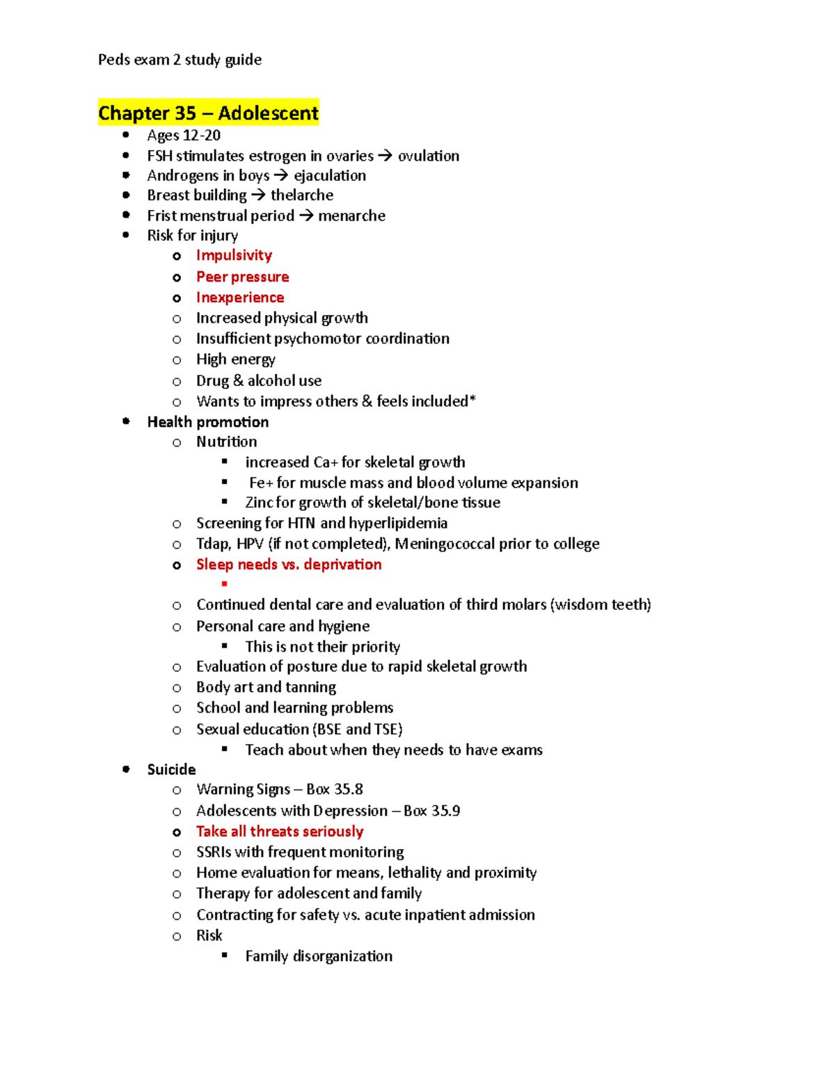 Peds exam 2 study guide - This is an exam outline for exam 2. It goes ...