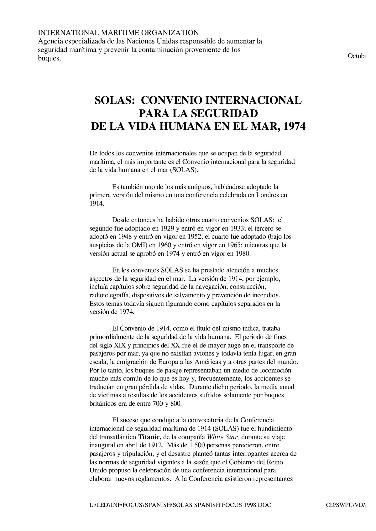 Solas Convenio 1974 - Octubre 19 SOLAS: CONVENIO INTERNACIONAL PARA LA ...