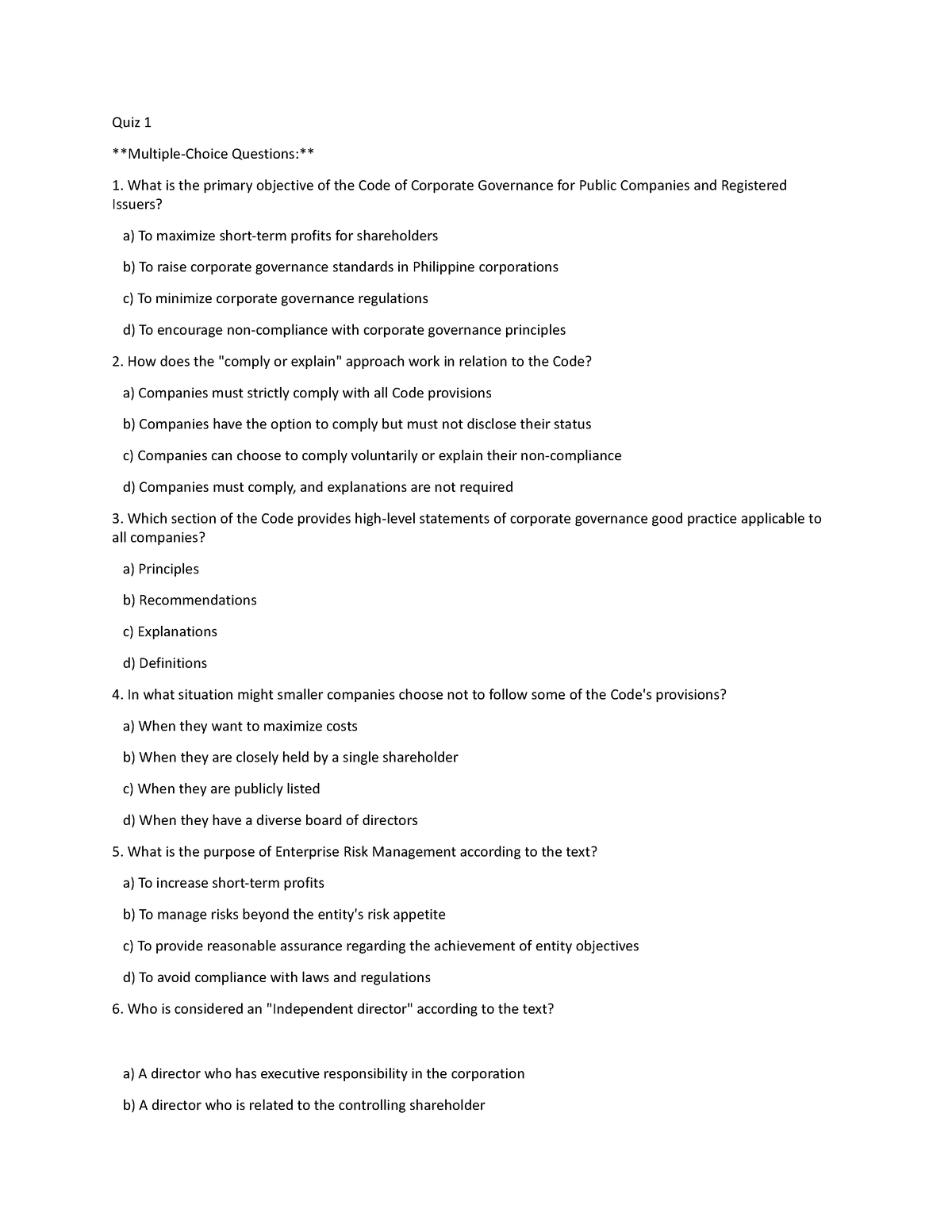 Governance Quiz - Quiz 1 Multiple-Choice Questions: What is the primary ...