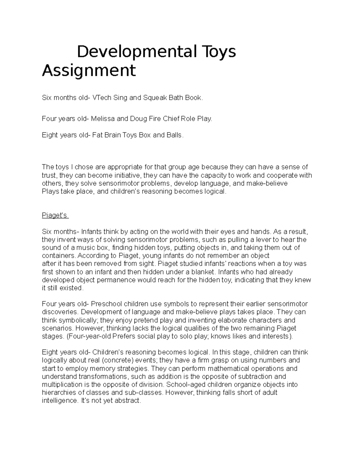 Developmental toy assessment - Developmental Toys Assignment Six months ...