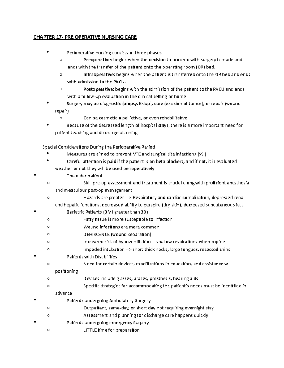 Chapter 17 - notes - CHAPTER 17- PRE OPERATIVE NURSING CARE ...