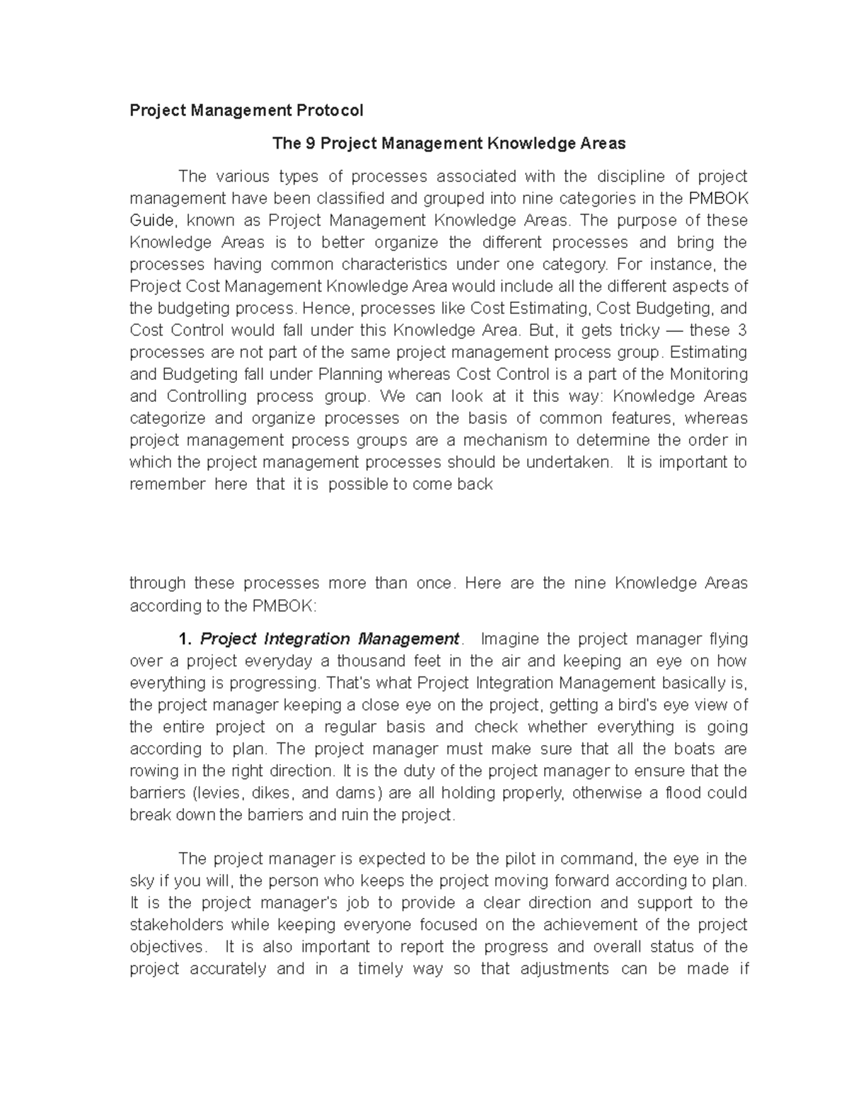 Project Management Protocol - The purpose of these Knowledge Areas is ...