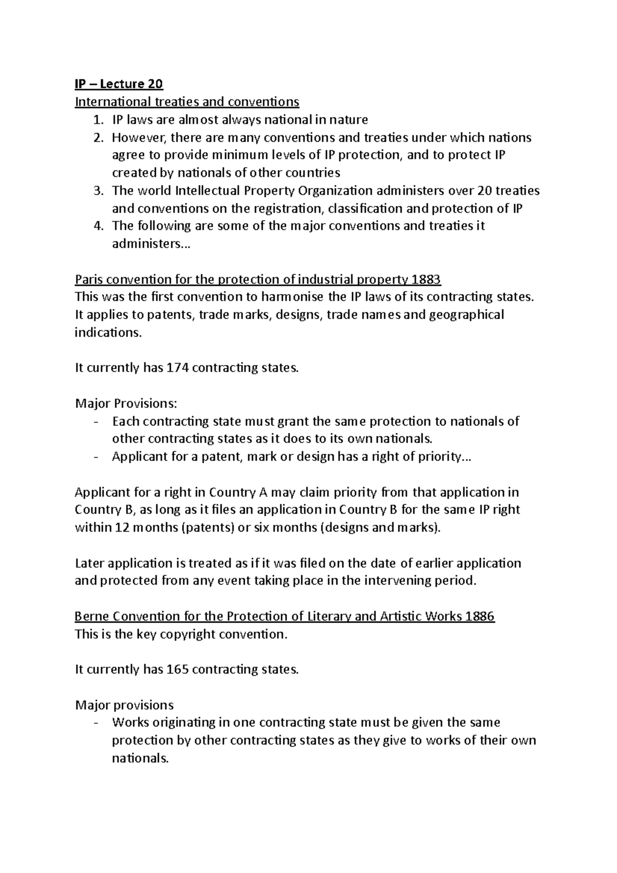 W20 Lecture - IP – Lecture 20 International treaties and conventions 1 ...