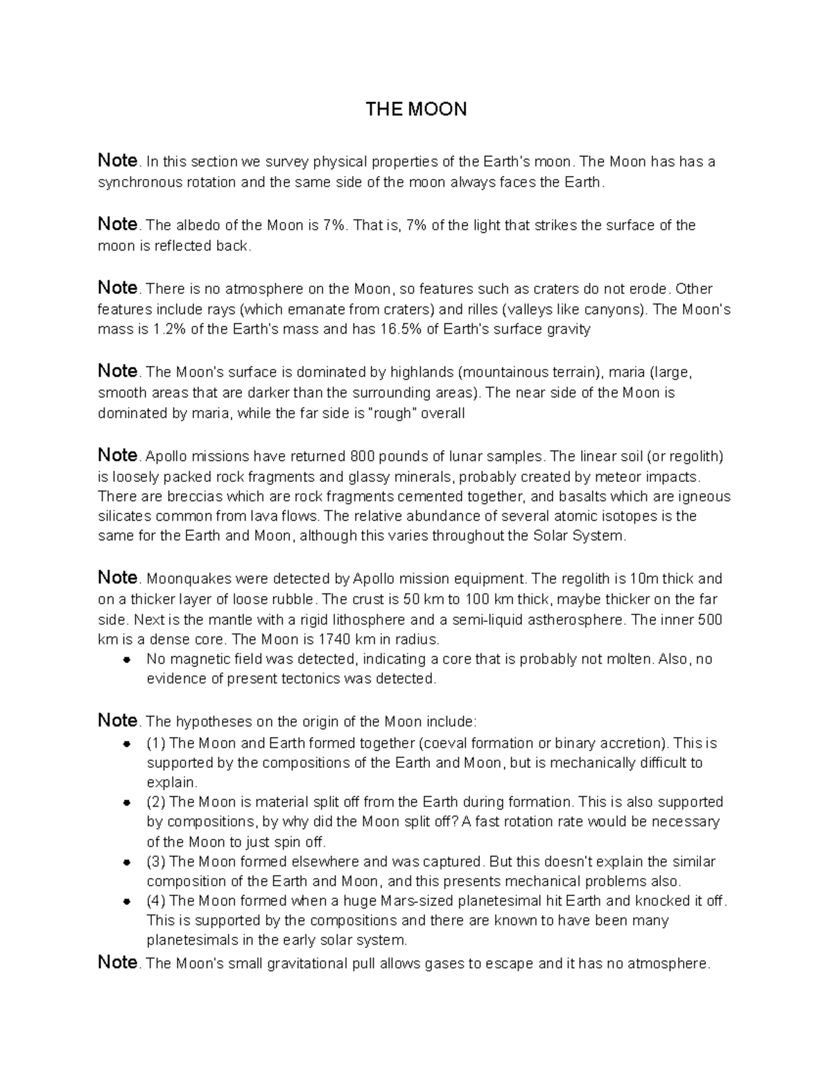 Astronomy Chapter 9 Notes The Moon THE MOON Note. In this section we