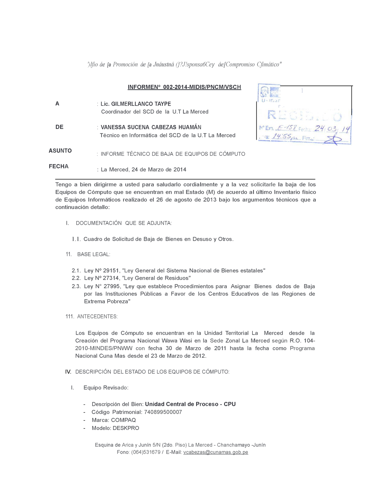 270329348 Informe Tecnico de Baja de Equipos de Computo - 1 f' .- ')lfio áe  [a Promoción áe [a - Studocu