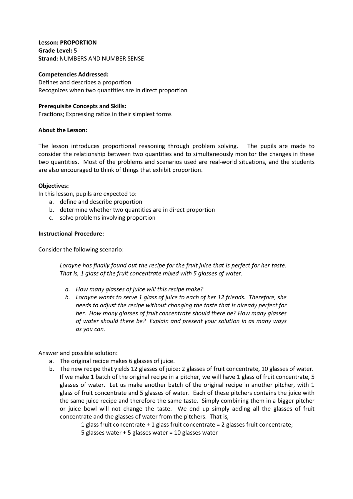 Lesson-Plan-Proportion - Lesson: PROPORTION Grade Level: 5 Strand ...