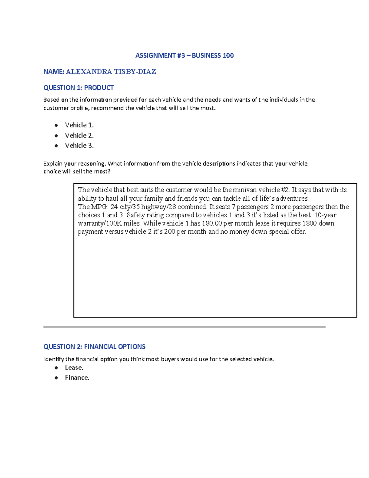Assignment 3 Template+ - ASSIGNMENT #3 – BUSINESS 100 NAME: ALEXANDRA ...
