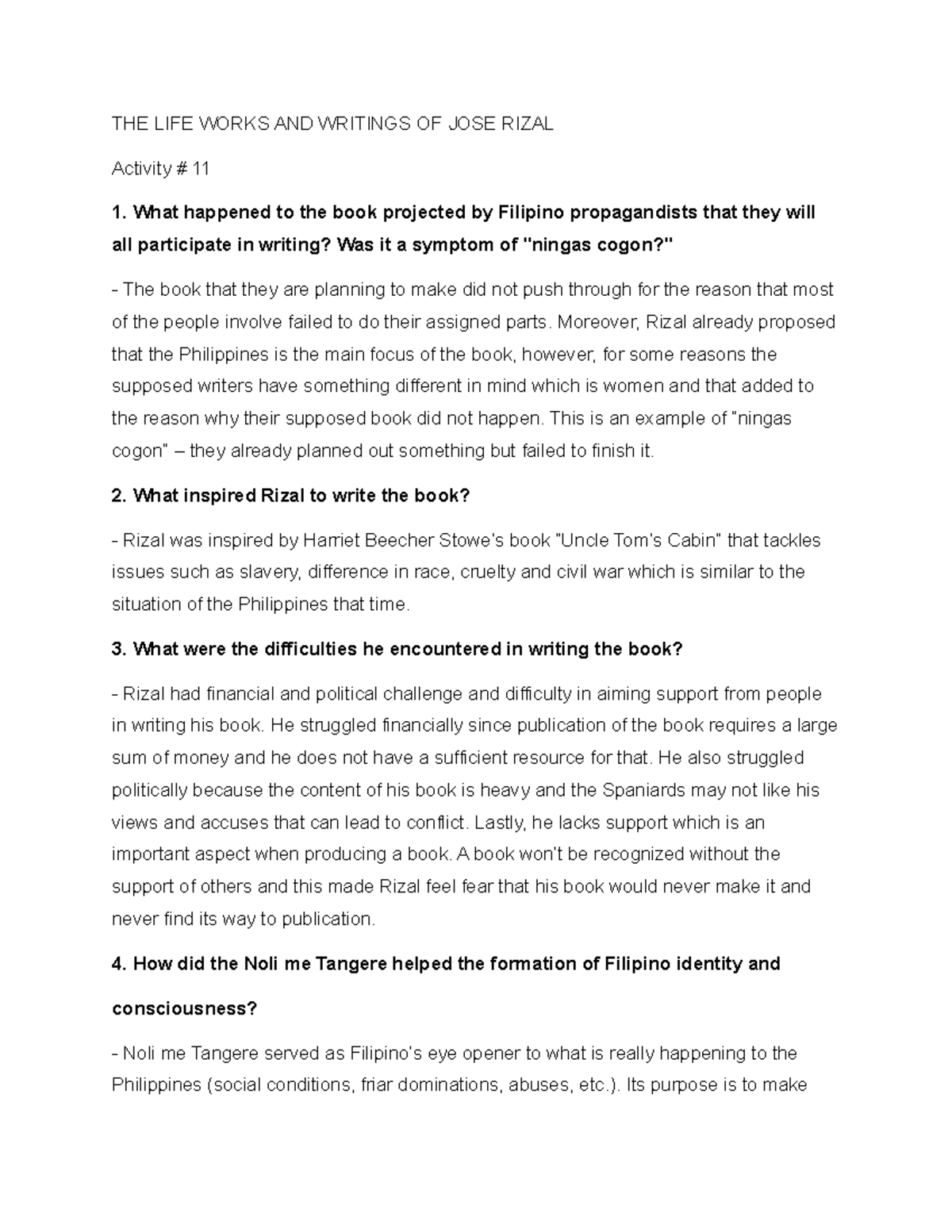 R11 - R11 RIZAL - THE LIFE WORKS AND WRITINGS OF JOSE RIZAL Activity ...