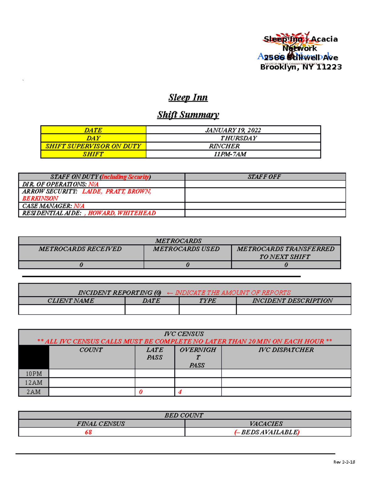 Shift Summary 11PM-7AM 11 - ` Sleep Inn Shift Summary DATE JANUARY 19 ...