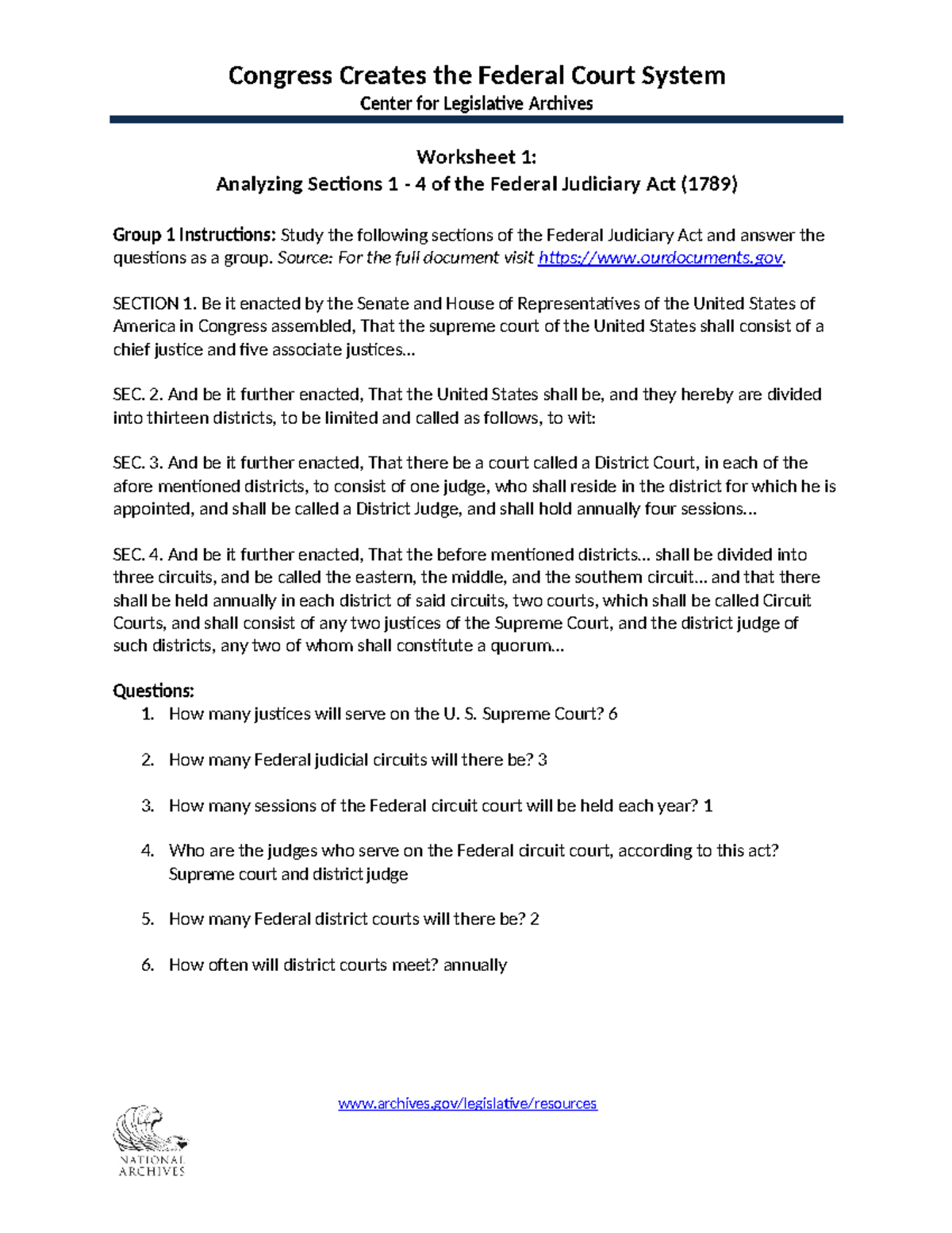 Federal Court System worksheets Center for Legislative Archives