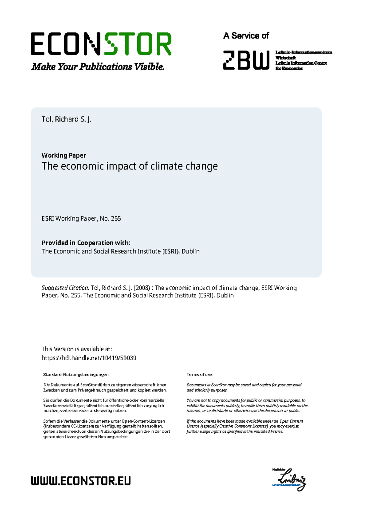 Sample resrch climate change - Tol, Richard S. J. Working Paper The ...