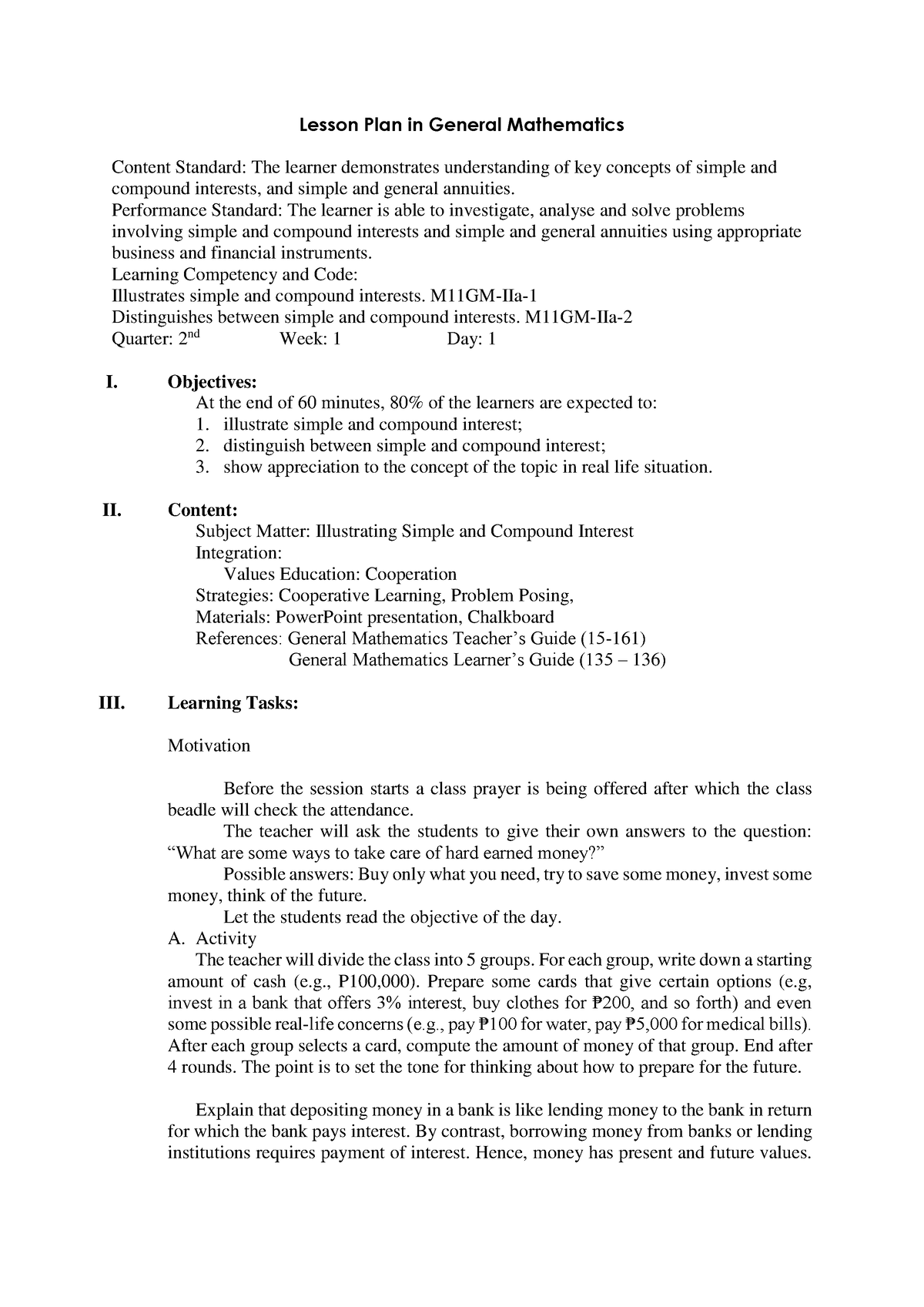 General Mathematics - Lesson Plan in General Mathematics Content ...