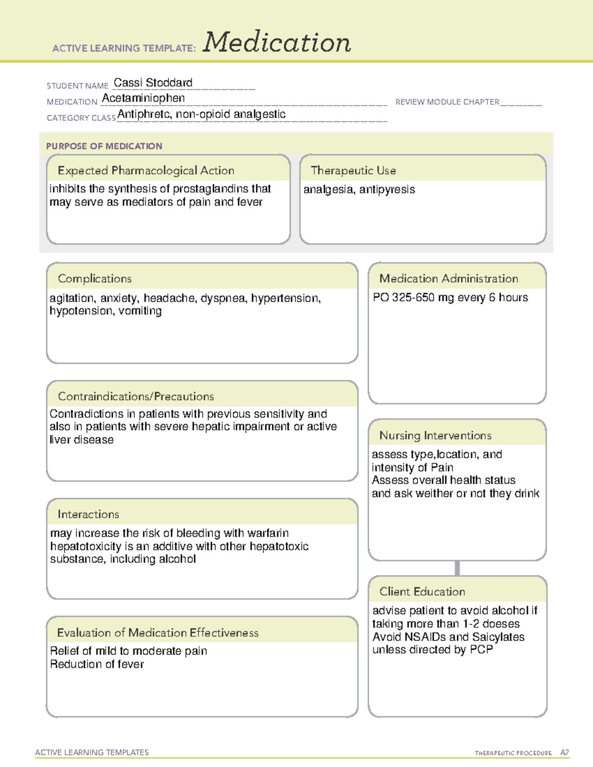 Acetaminiophen - ATI med template - ACTIVE LEARNING TEMPLATES ...