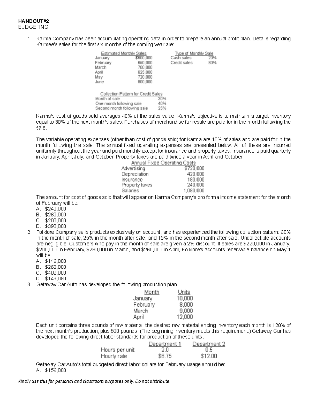 Semas- Handout-2 - HANDOUT# 2 BUDGETING Karma Company has been ...