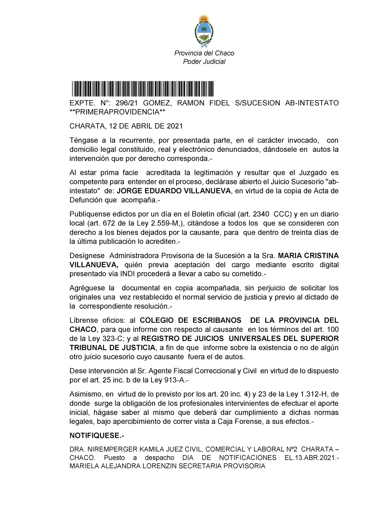 TP N4 Providencia Simple - Provincia del Chaco Poder Judicial EXPTE. N°:  296/21 GOMEZ, RAMON FIDEL - Studocu