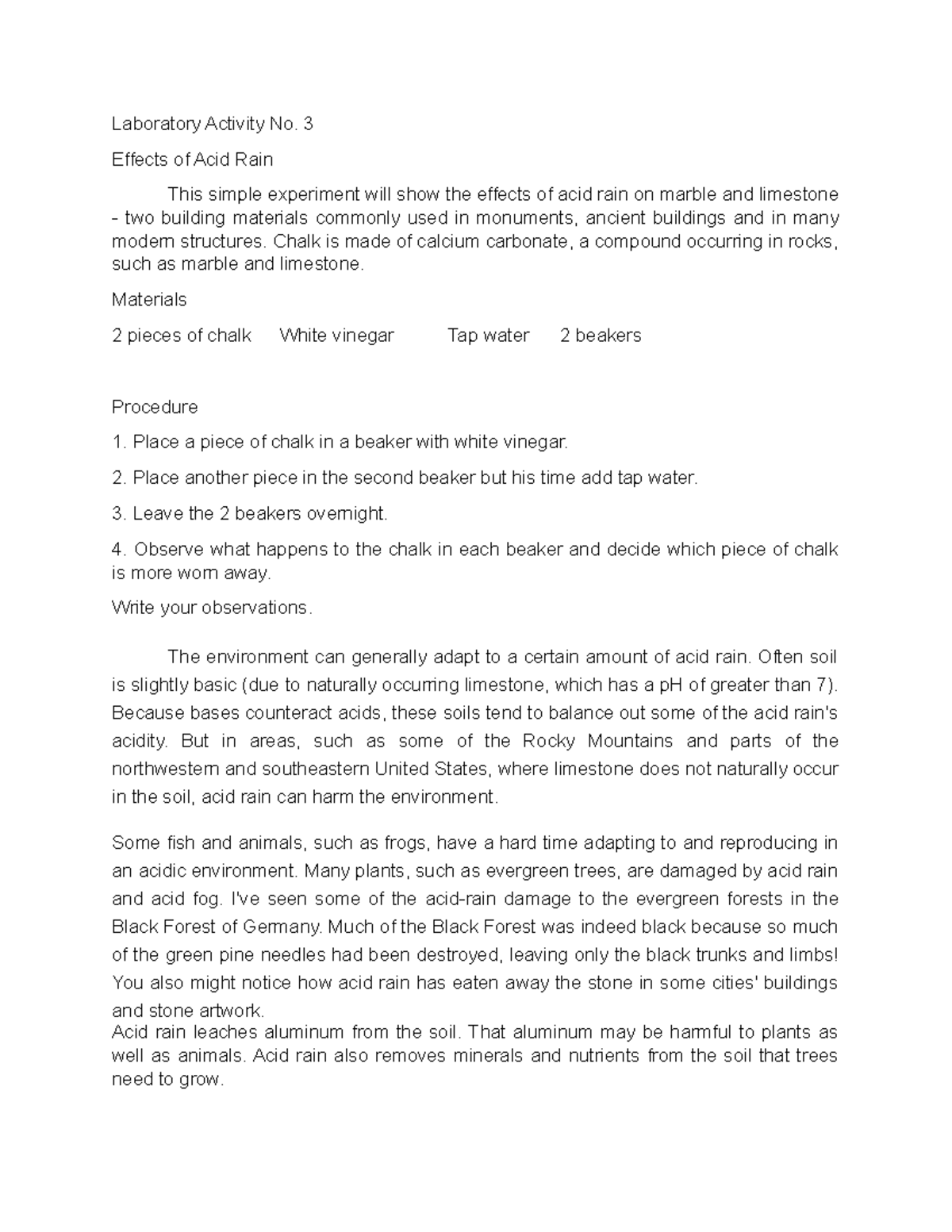 Activity Effects of Acid Rain Laboratory Activity No. 3 Effects of