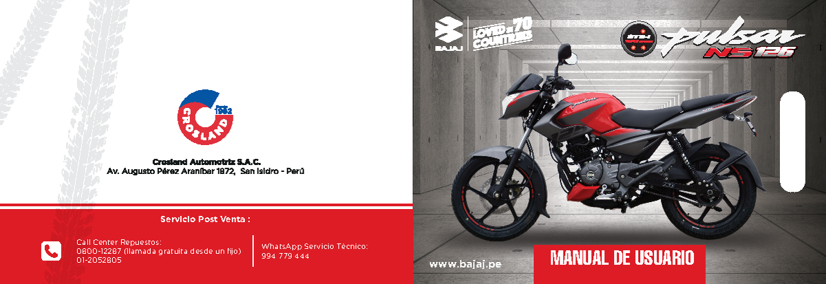 Manual- Pulsar-125 - bajaj MANUAL DE USUARIO Servicio Post Venta : Call