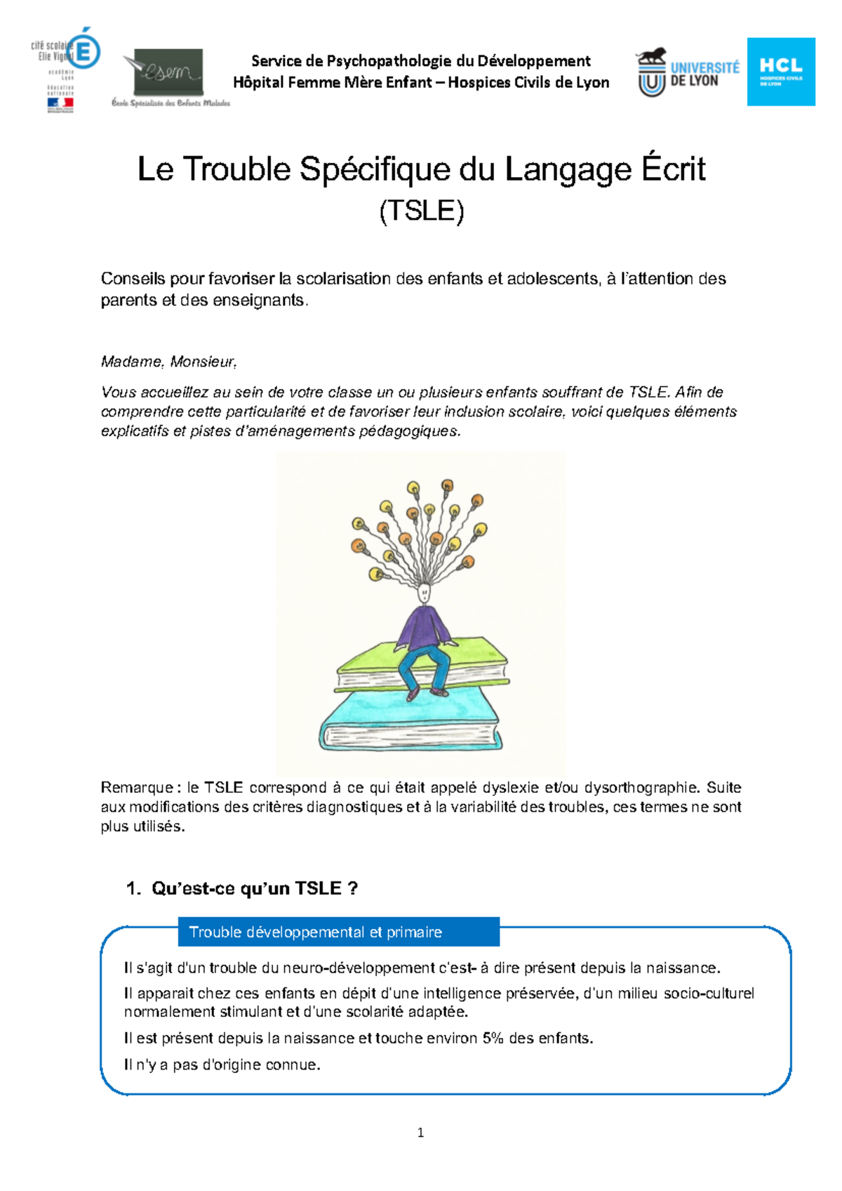 Livret sur le trouble sp cifique du langage ecrit tsle 14978 - Hôpital ...