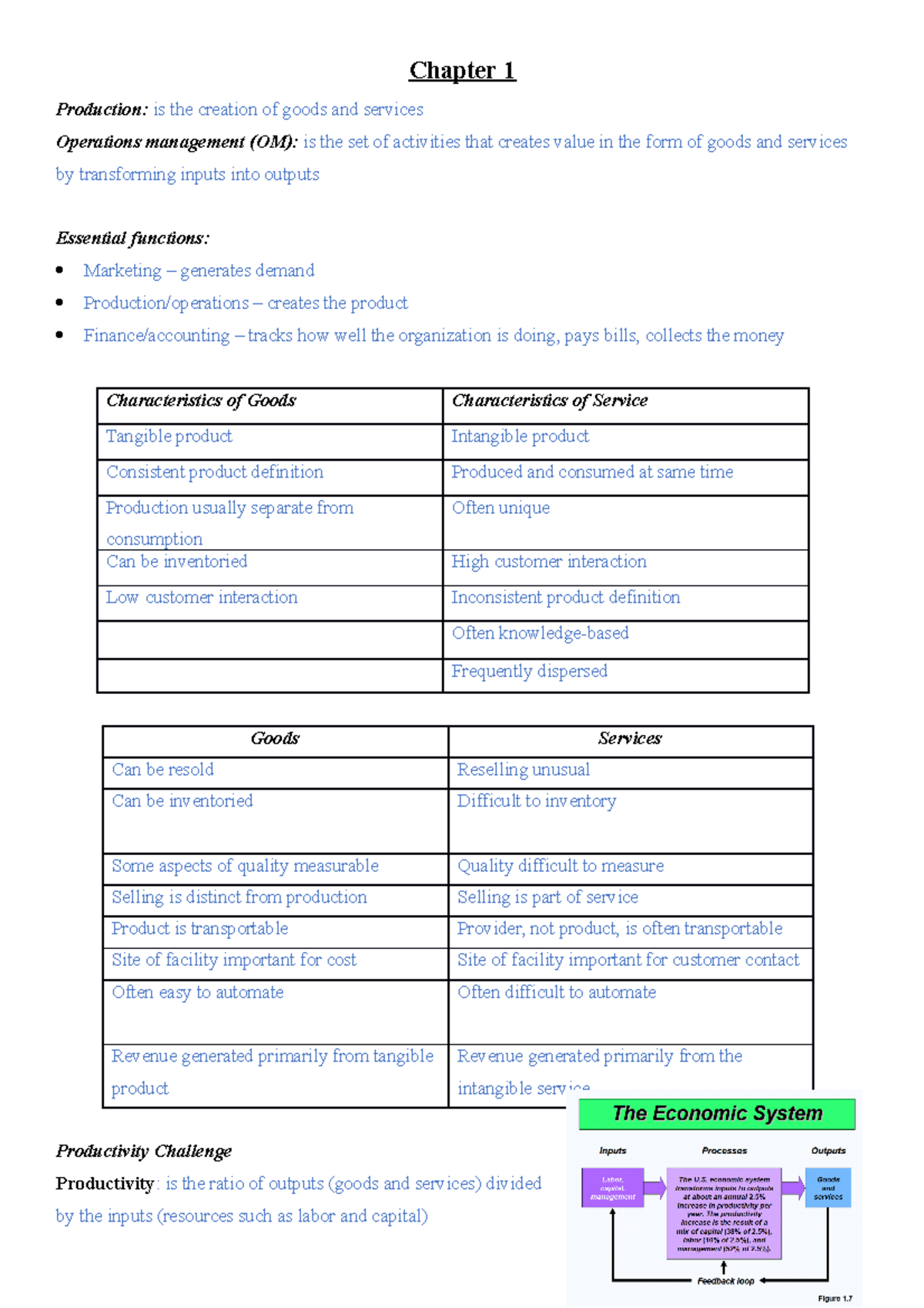 Chapter 1 - Intro to Operations Management - Chapter 1 Production: is ...
