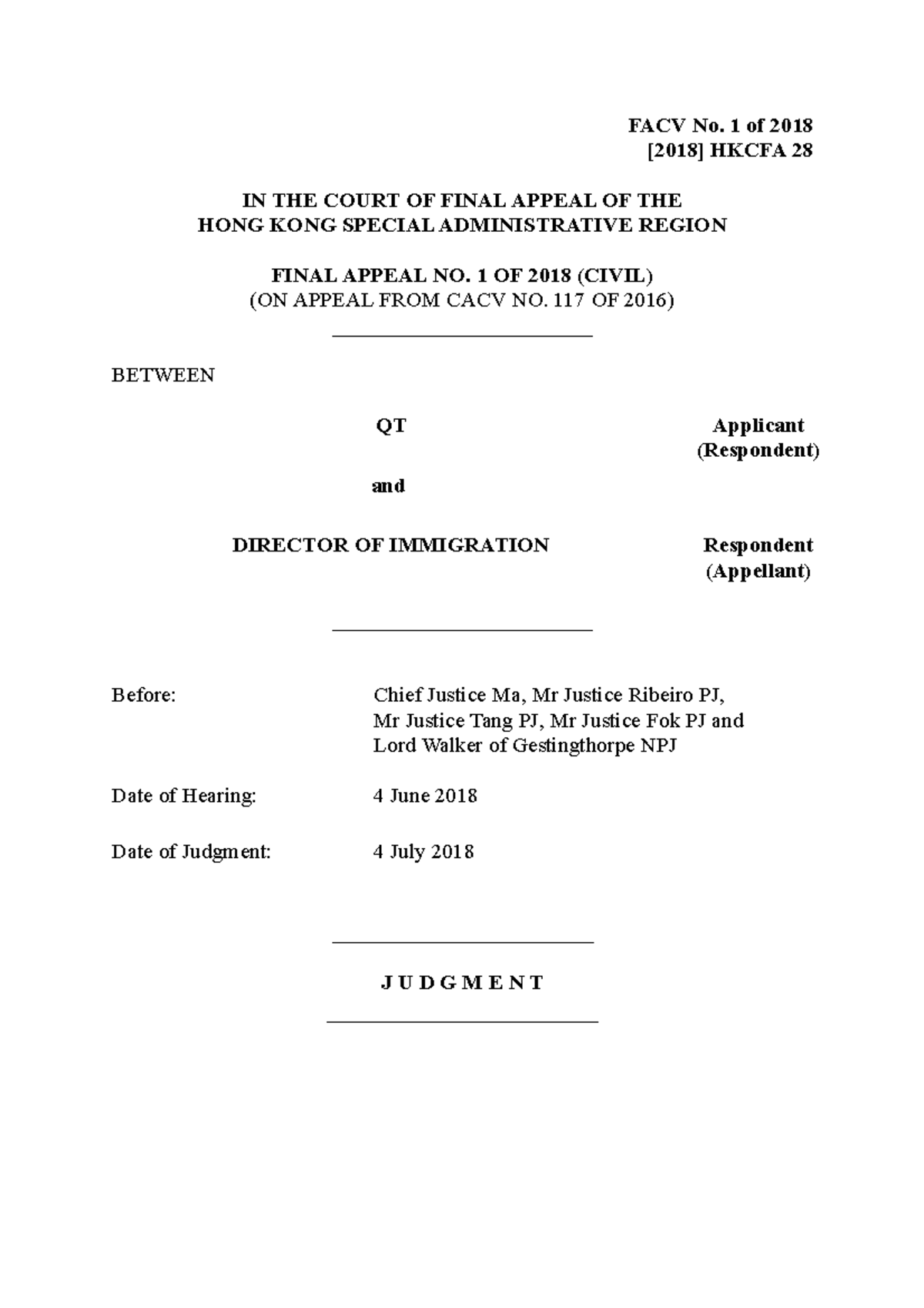 QT case judgement FACV No. 1 of 2018 [2018] HKCFA 28 IN THE COURT OF
