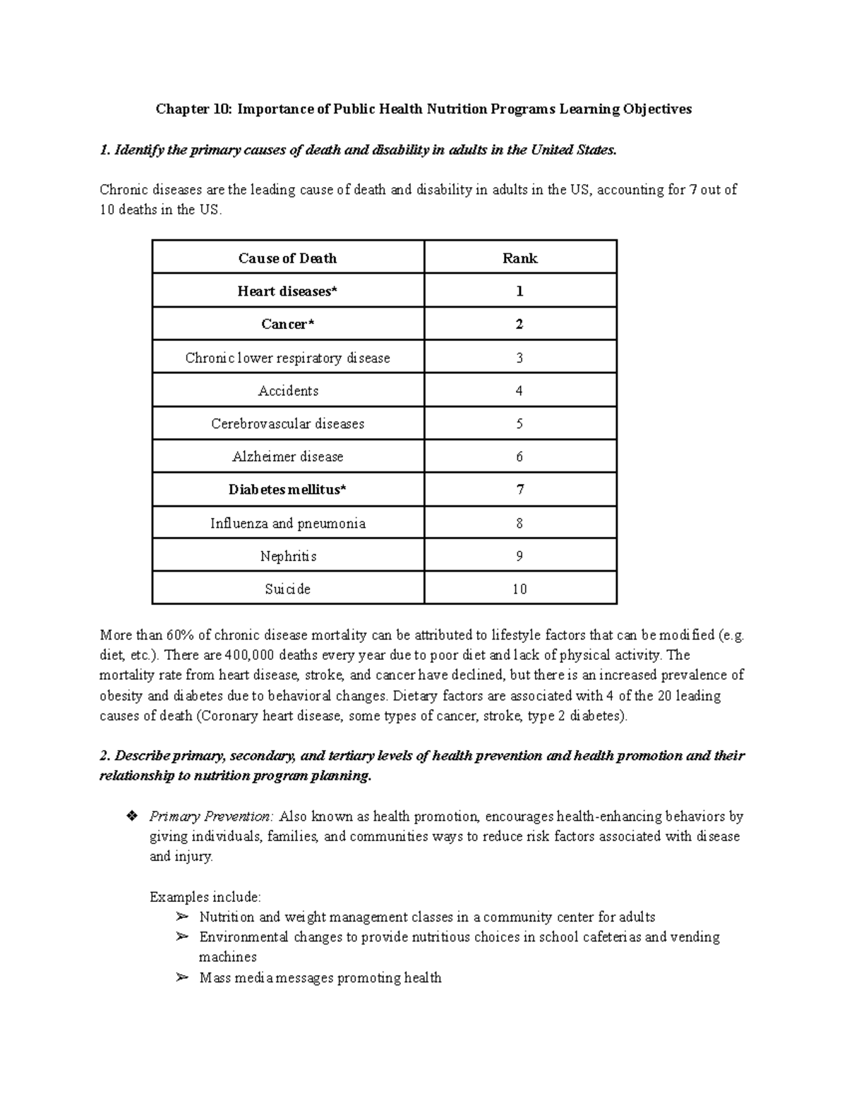 NTR 330 Chapter 10 LO's - Chapter 10: Importance of Public Health ...